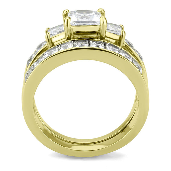 Couples Ring Set Womens 14K Gold Plated 3 Stone Engagement Ring Mens Gold Flat Wedding Band