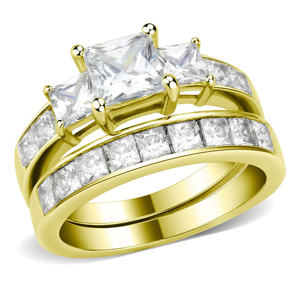 Couples Ring Set Womens 14K Gold Plated 3 Stone Engagement Ring Mens Gold Flat Wedding Band