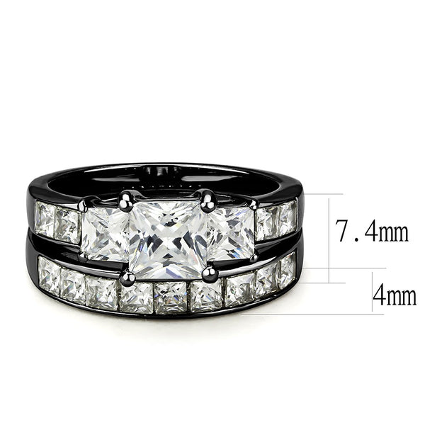 Couples Rings Black Set Womens 3 Stone Type Princess CZ Engagement Ring Mens Two Tone Spinning Band