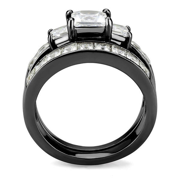 Paarringe Schwarz Set Damen 3 Stein Typ Prinzessin CZ Verlobungsring Herren 7 CZs Zweifarbiges Band