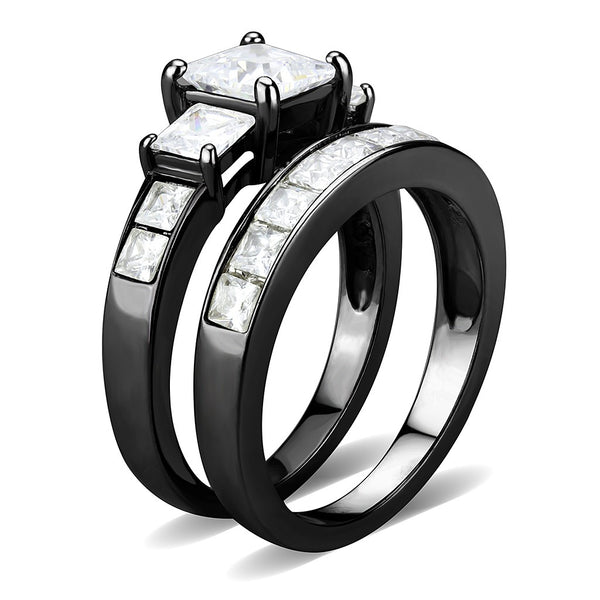 Couples Rings Black Set Womens 3 Stone Type Princess CZ Engagement Ring Mens Two Tone Spinning Band