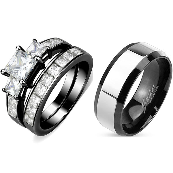 Paarringe Schwarz Set Damen 3 Stein Typ Prinzessin CZ Verlobungsring Herren Zweifarbiges Band