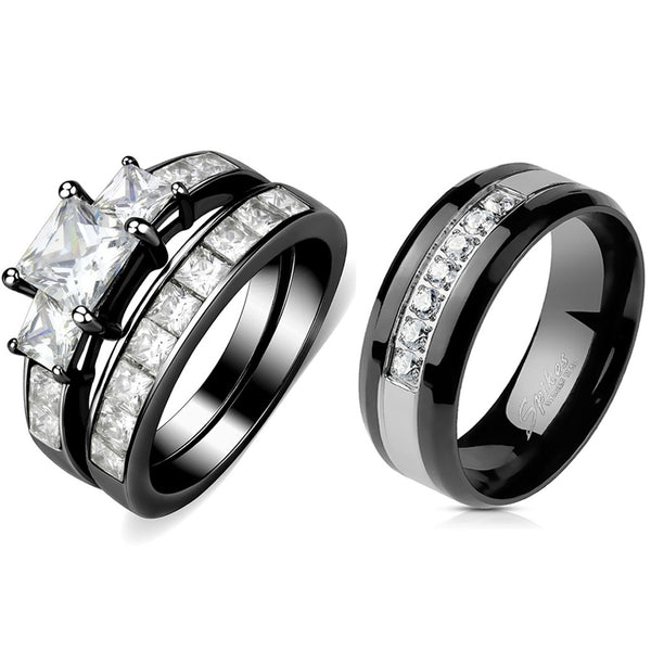 Paarringe Schwarz Set Damen 3 Stein Typ Prinzessin CZ Verlobungsring Herren 7 CZs Zweifarbiges Band