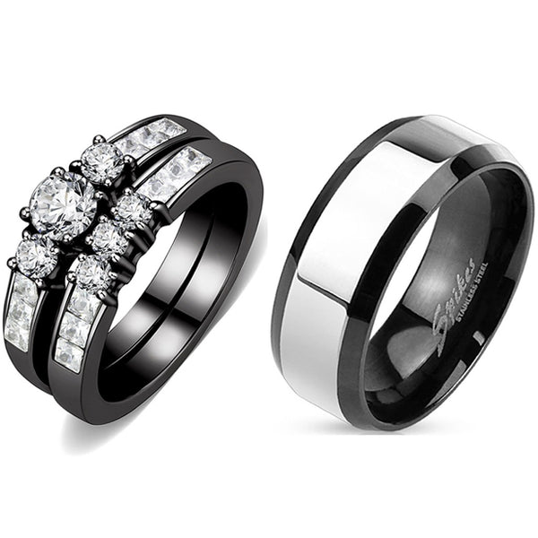 Couples Rings Black Set Womens 3 Stone Small Round CZ Engagement Ring Mens Two Tone Band