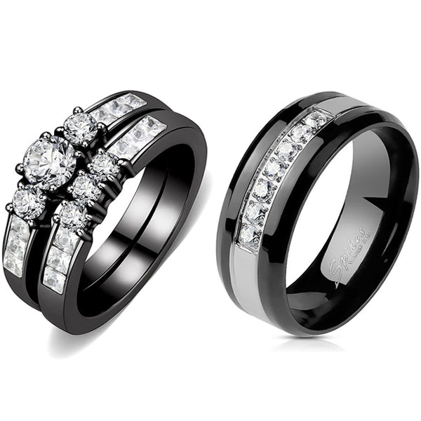 Paarringe Schwarz Set Damen 3 Steine Kleiner runder CZ Verlobungsring Herren 7 CZs Zweifarbiges Band