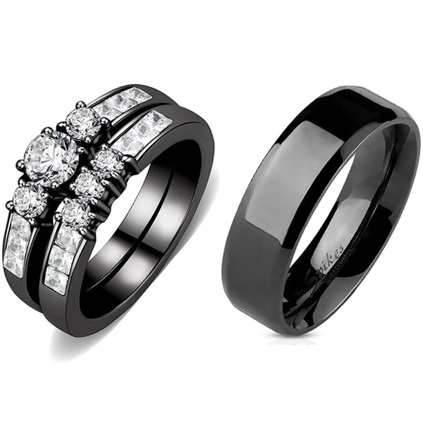 Paarringe Schwarz Set Damen 3 Stein Klein Rund CZ Verlobungsring Herren Flach Ehering
