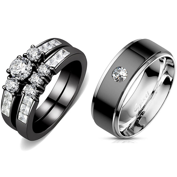 Paarringe Schwarz Set Damen 3 Stein Klein Rund CZ Verlobungsring Herren Lünettenset CZ Ehering