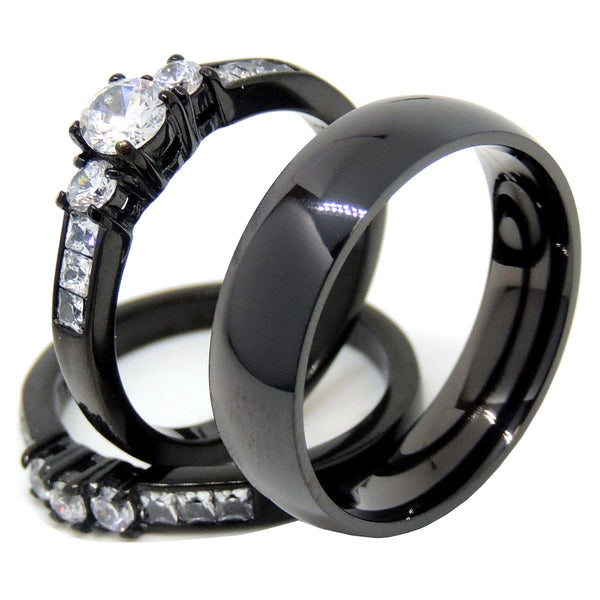 Paarringe Schwarz Set Damen 3 Steine Klein Rund CZ Verlobungsring Herren Traditioneller Ehering