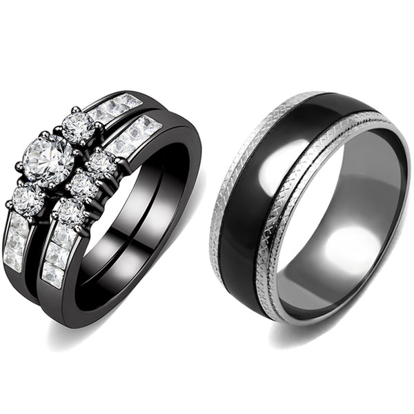 Paarringe Schwarz Set Damen Edelstahl Klein Rund CZ Verlobungsring Set Herren Ehering