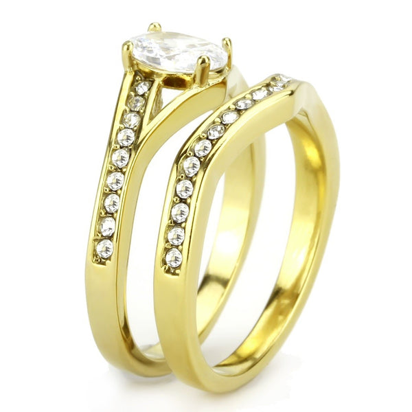 Womens Oval Cut CZ Gold IP 316 Stainless Steel Wedding Ring Set