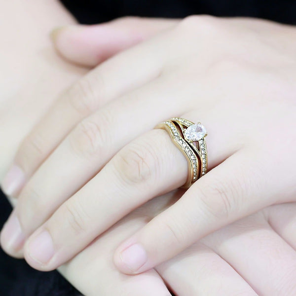 Womens Oval Cut CZ Gold IP 316 Stainless Steel Wedding Ring Set