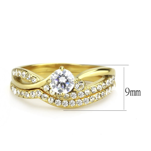 Ehering-Set für Damen, 5 mm, runder Schliff, Zirkonia, 14 Karat Gold, IP 316 Edelstahl