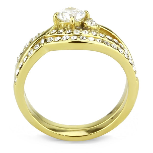 Ehering-Set für Damen, 5 mm, runder Schliff, Zirkonia, 14 Karat Gold, IP 316 Edelstahl