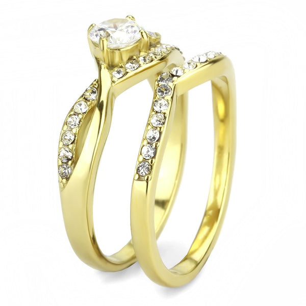 Ehering-Set für Damen, 5 mm, runder Schliff, Zirkonia, 14 Karat Gold, IP 316 Edelstahl