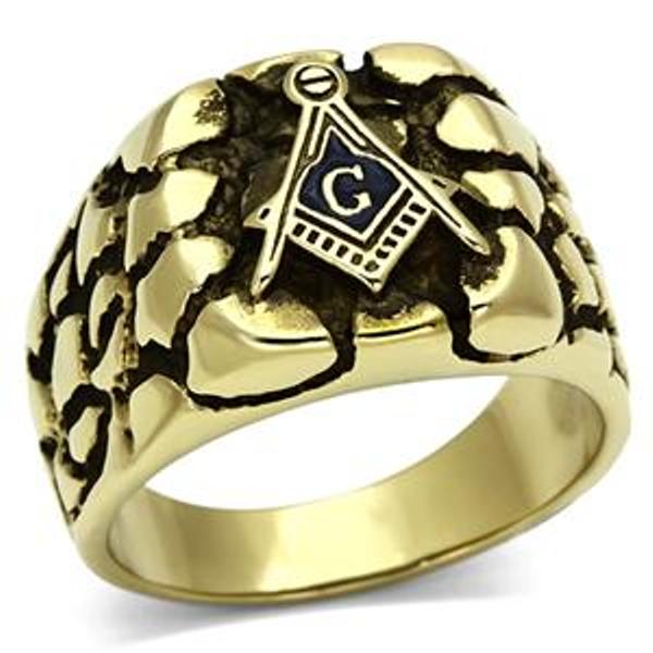 Gold Ion Plated Stainless Steel Rugged Masonic Mason Mens Ring - LA NY Jewelry