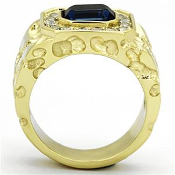 Gold IP Stainless Steel Simulated Sapphire Mens Ring - LA NY Jewelry