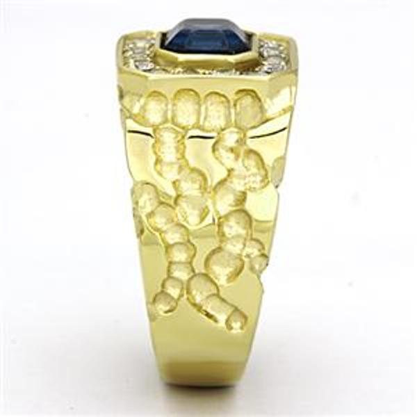 Gold IP Stainless Steel Simulated Sapphire Mens Ring - LA NY Jewelry