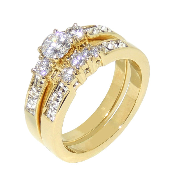 Couple Ring Set Gold IP Stainless Steel Round CZ Promise Ring set Mens Gold Spinning Band - LA NY Jewelry