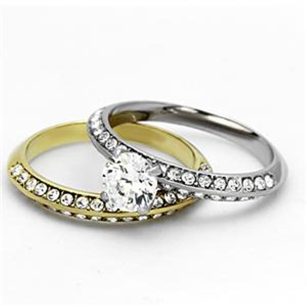 6x6mm Brilliant cut CZ Two Tone Gold Stainless Steel Engagement Ring Set - LA NY Jewelry