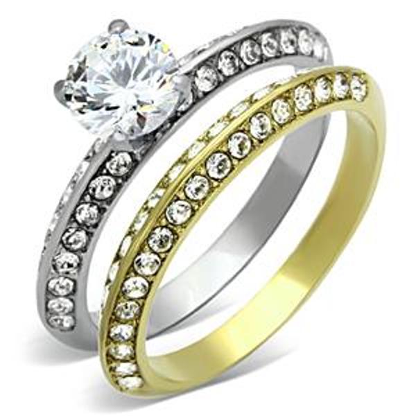 6x6mm Brilliant cut CZ Two Tone Gold Stainless Steel Engagement Ring Set - LA NY Jewelry