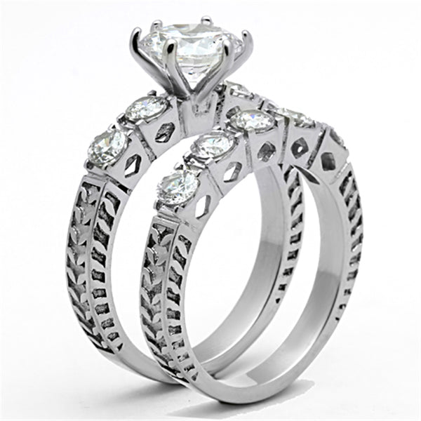 8x8mm Round CZ Stainless Steel Tarnish Free Wedding Ring Set - LA NY Jewelry