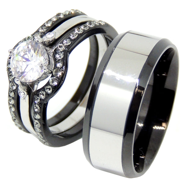 His Hers 4 PCS Black IP Stainless Steel Round Cut CZ Wedding Set Mens Two Tone Band - LA NY Jewelry