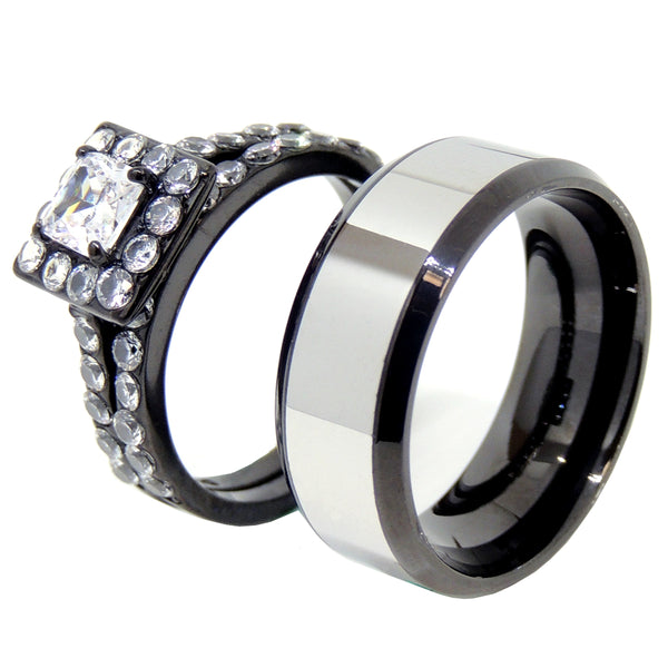 His Hers Ring Set Womens Princess Square CZ Anniversary Ring Set Mens Two Tone Band - LA NY Jewelry