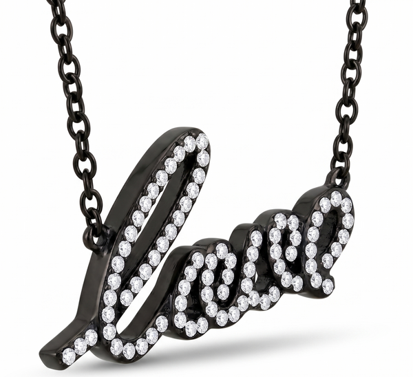 Womens Black IP Stainless Steel LOVE Pendant Necklace with Clear CZs