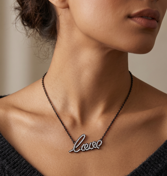 Womens Black IP Stainless Steel LOVE Pendant Necklace with Clear CZs
