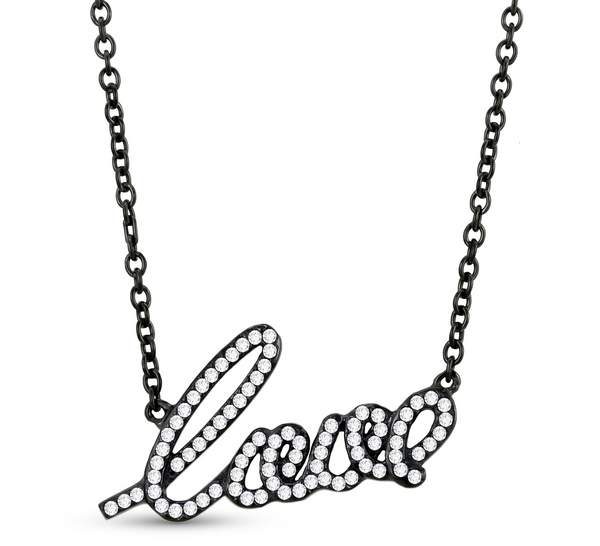 Womens Black IP Stainless Steel LOVE Pendant Necklace with Clear CZs