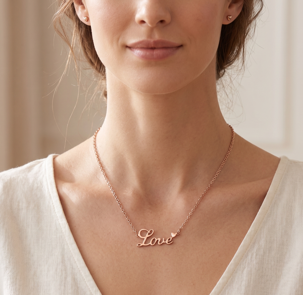 Rose Gold Love Script Pendant Necklace for Women - 316L Stainless Steel Heart Necklace - Adjustable 18-20" Chain