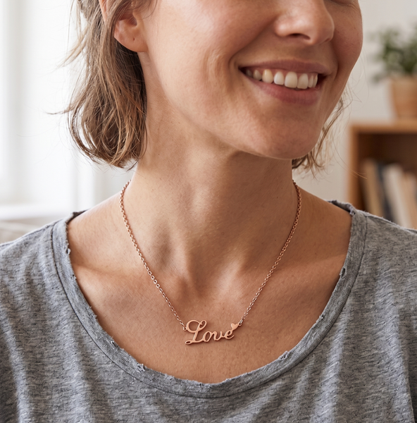 Rose Gold Love Script Pendant Necklace for Women - 316L Stainless Steel Heart Necklace - Adjustable 18-20" Chain