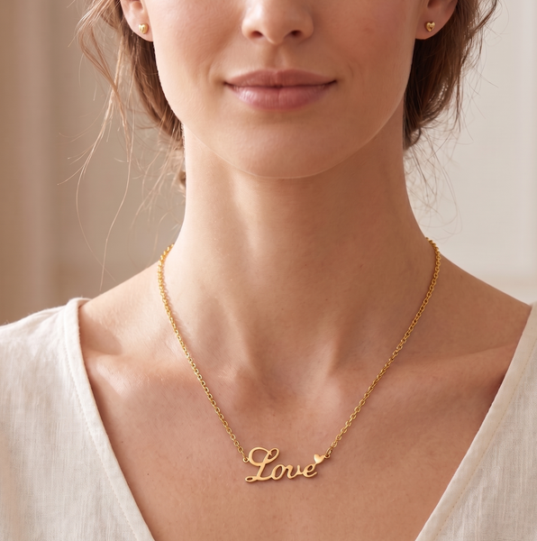 Romantic "Love" Cursive Pendant Necklace in 14K Gold Plated Stainless Steel - Perfect Anniversary or Birthday Gift for Her