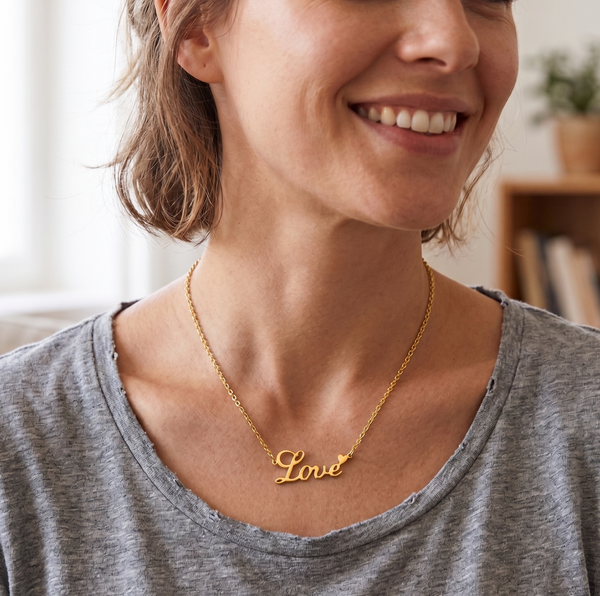 Romantic "Love" Cursive Pendant Necklace in 14K Gold Plated Stainless Steel - Perfect Anniversary or Birthday Gift for Her