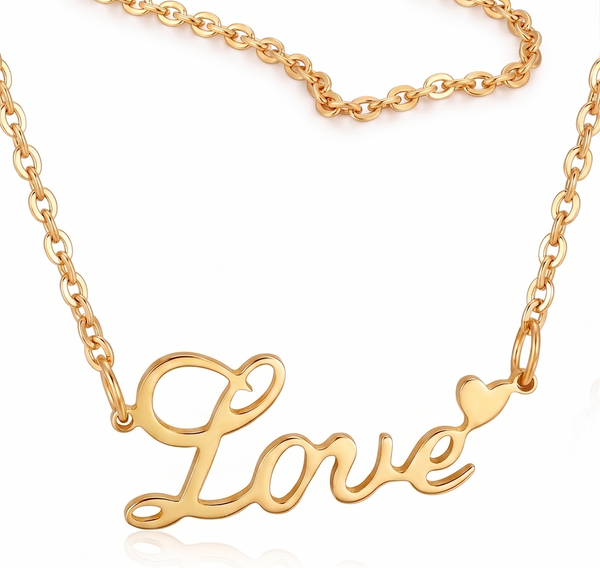 Romantic "Love" Cursive Pendant Necklace in 14K Gold Plated Stainless Steel - Perfect Anniversary or Birthday Gift for Her