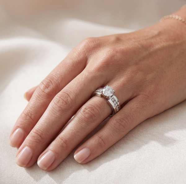 Damen Ehering aus Edelstahl mit rundem CZ-Schliff und Verlobungsring