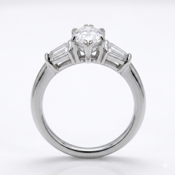 Women's 316 Stainless Steel Wedding Ring Marquise Cut Simulated Diamond Engagement Band Classic 3-Stone Ring with Tapered Baguette Accents