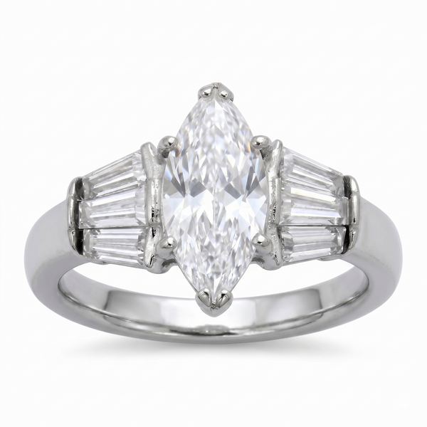 Women's 316 Stainless Steel Wedding Ring Marquise Cut Simulated Diamond Engagement Band Classic 3-Stone Ring with Tapered Baguette Accents