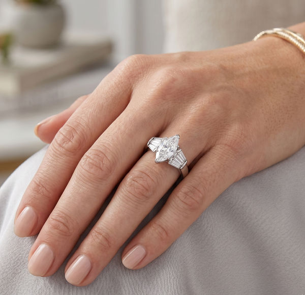 Women's 316 Stainless Steel Wedding Ring Marquise Cut Simulated Diamond Engagement Band Classic 3-Stone Ring with Tapered Baguette Accents
