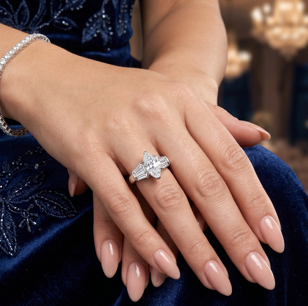Women's 316 Stainless Steel Wedding Ring Marquise Cut Simulated Diamond Engagement Band Classic 3-Stone Ring with Tapered Baguette Accents