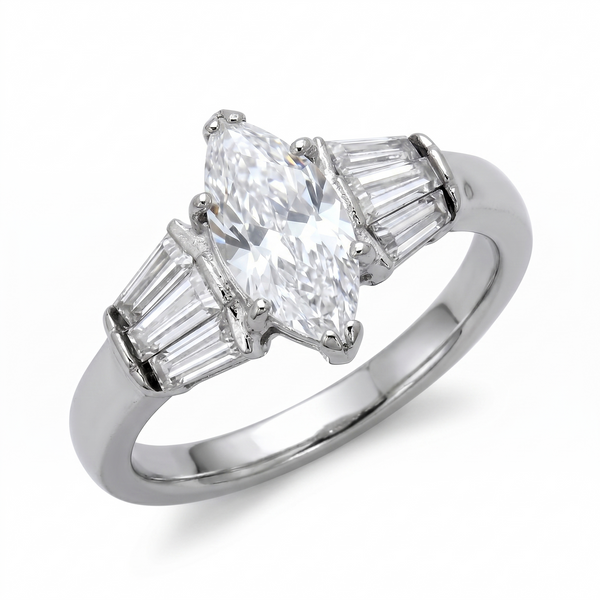 Women's 316 Stainless Steel Wedding Ring Marquise Cut Simulated Diamond Engagement Band Classic 3-Stone Ring with Tapered Baguette Accents