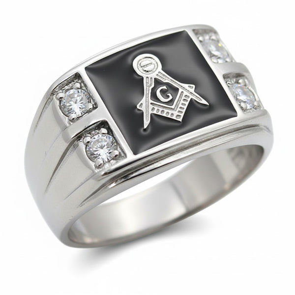 316L Stainless Steel Mason Mens Onyx & 4 CZ Ring