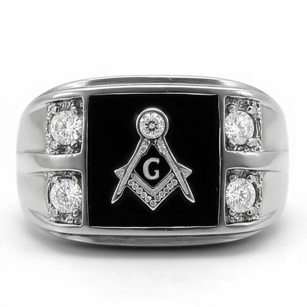 316L Stainless Steel Mason Mens Onyx & 4 CZ Ring