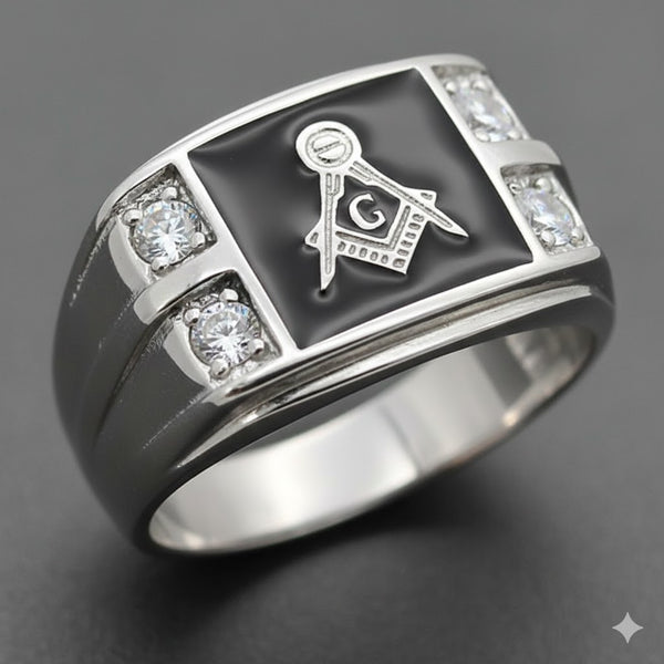 316L Stainless Steel Mason Mens Onyx & 4 CZ Ring
