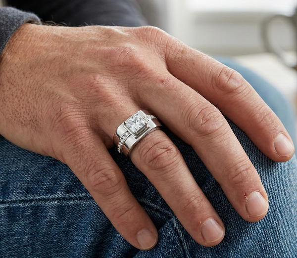 7x7mm Prinzessschliff CZ in der Mitte, kleiner Prinzessschliff CZ an der Seite, Edelstahl Herrenring