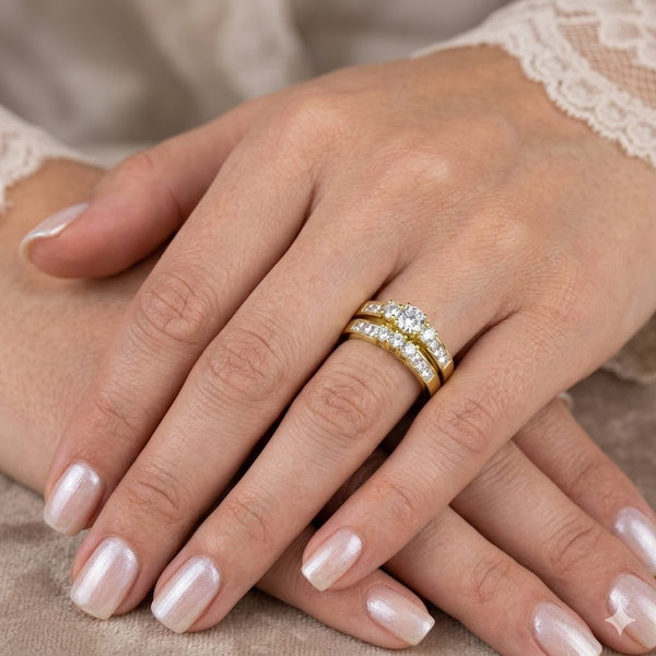 His Hers Couples Ring Set 14K Gold Plated Small Round CZ Wedding Ring Set Mens Matching Gold Plated Band