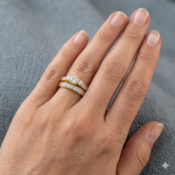 His Hers Couples Ring Set 14K Gold Plated Small Round CZ Wedding Ring Set Mens Matching Gold Plated Band