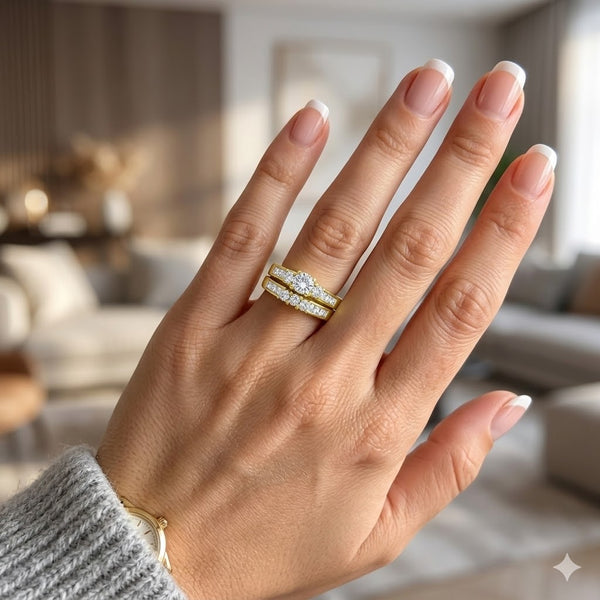 His Hers Couples Ring Set 14K Gold Plated Small Round CZ Wedding Ring Set Mens Matching Gold Plated Band