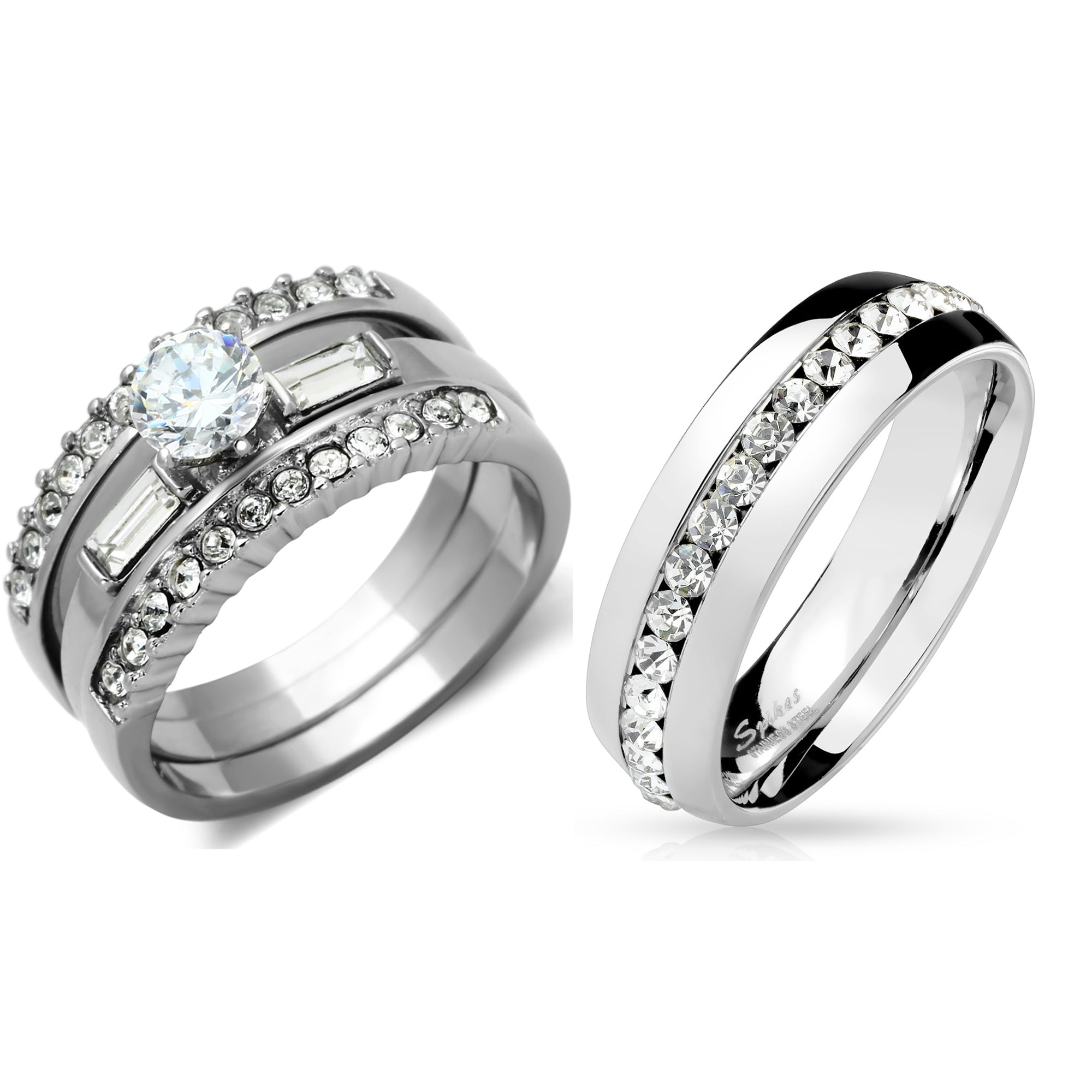 His Hers 4 PCS Womens Stainless Steel Wedding Set w/ Mens All Around Clear CZ Band