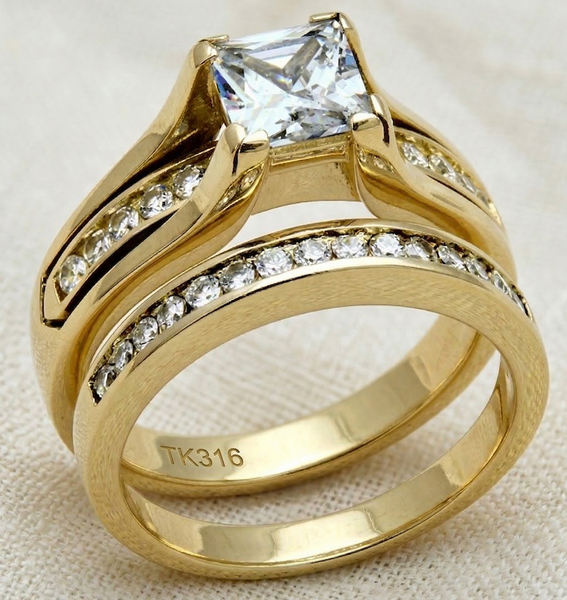 Womens 14K Gold Plated Princess CZ Engagement Ring Mens Flat Wedding Band